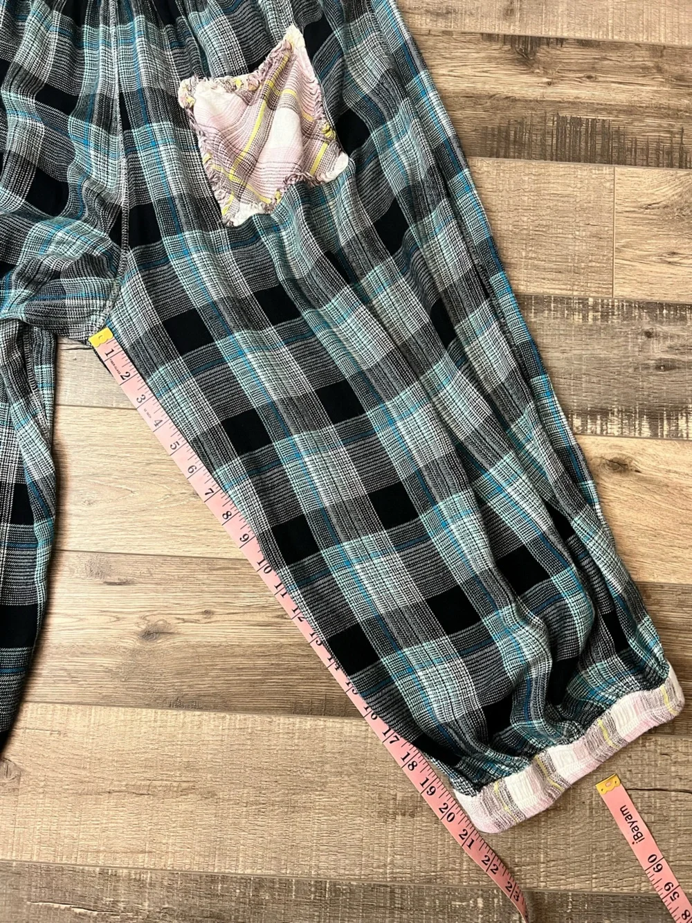 Free People Black and Teal Plaid Elastic-Waist lounge Pants M